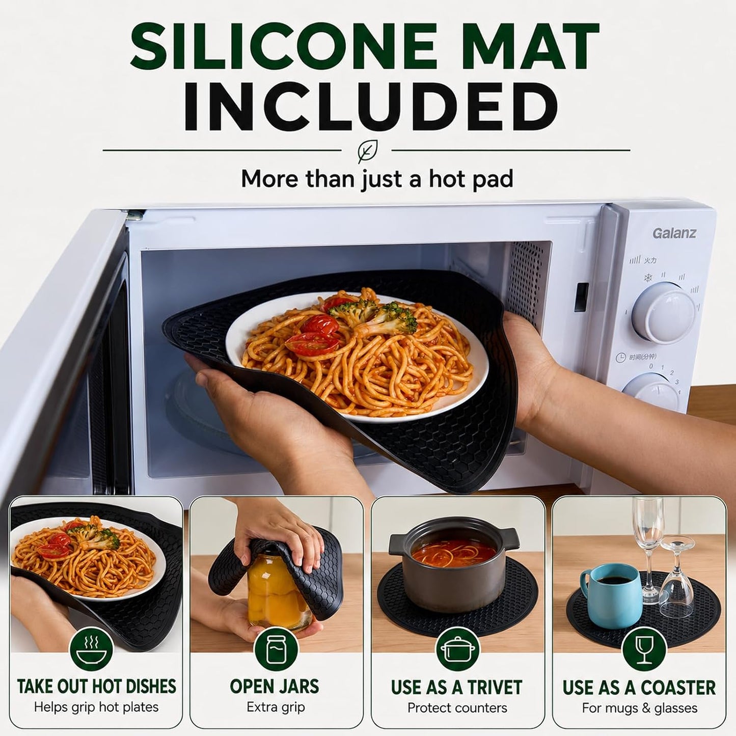 2 in 1 EZMO 10-Inch Glass Microwave Splatter Cover for Food with Silicone Mat