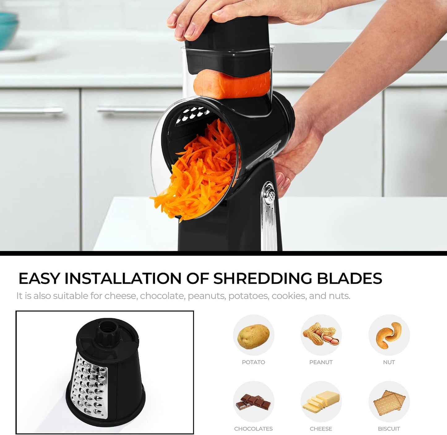 SUSTEAS Rotary Cheese Grater 5 Blades,Kitchen Mandoline Vegetable Slicer | White, Easy to Clean, Strong Suction Base, 5 Blades Storage Box, Round Mandoline Slicer & Food Chopper for Salad