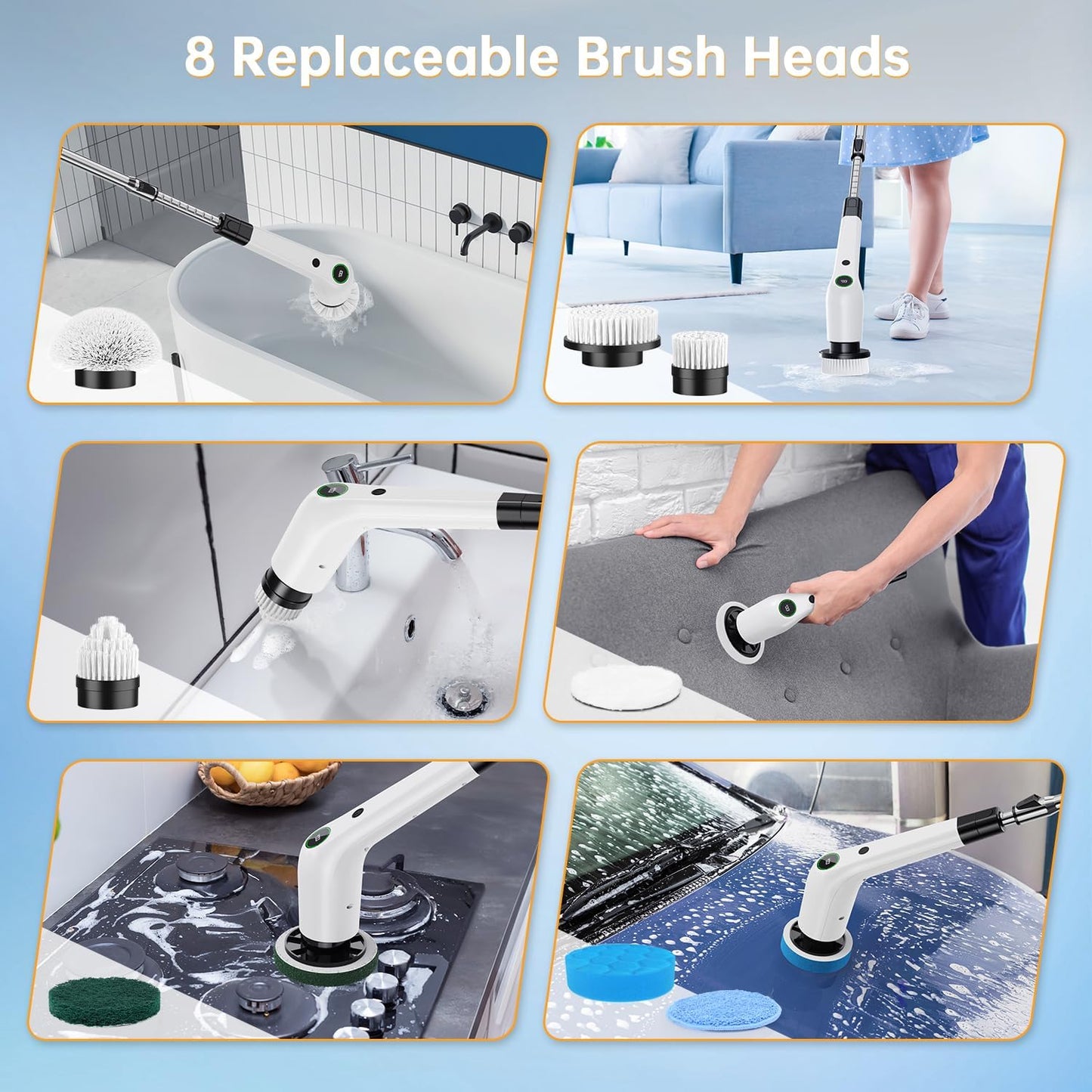 PUFTEM Electric Spin Scrubber, Cordless Shower Scrubber, Adjustable Handle | Dual Speed, 8 Replaceable Brush Heads, Adjustable Extension Handle, Battery Level Display, Bathtub, Tile & Floor Cleaning