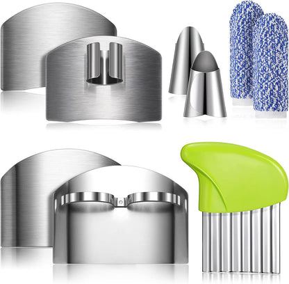 Raiten 9 Pcs Finger Guard Set for Cutting Include 4 Stainless Steel Knife Cutting Protector 2 Thumb Guard Protector 2 Finger Cots Potato Butter Lettuce Crinkle Cutter for Cutting Food to Avoid Hurting