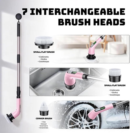 Electric Spin Scrubber, 2-Speed Cleaning Brush, Extendable Handle (White) | Includes 7 reusable brush heads and an IPX7-rated design for cleaning bathrooms, showers, kitchens, tile, floors, and grout