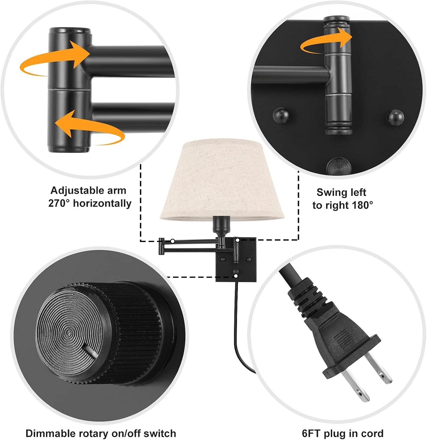 TRLIFE Wall Sconce Plug in, Dimmable Wall Sconces Set of Two Swing Arm Wall Lights with Plug in Cord and On/Off Dimmer Rotary Switch, 9.4" Medium Beige Fabric Shade(2 Pack, 2 Bulbs)