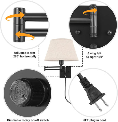 TRLIFE Wall Sconce Plug in, Dimmable Wall Sconces Set of Two Swing Arm Wall Lights with Plug in Cord and On/Off Dimmer Rotary Switch, 9.4" Medium Beige Fabric Shade(2 Pack, 2 Bulbs)