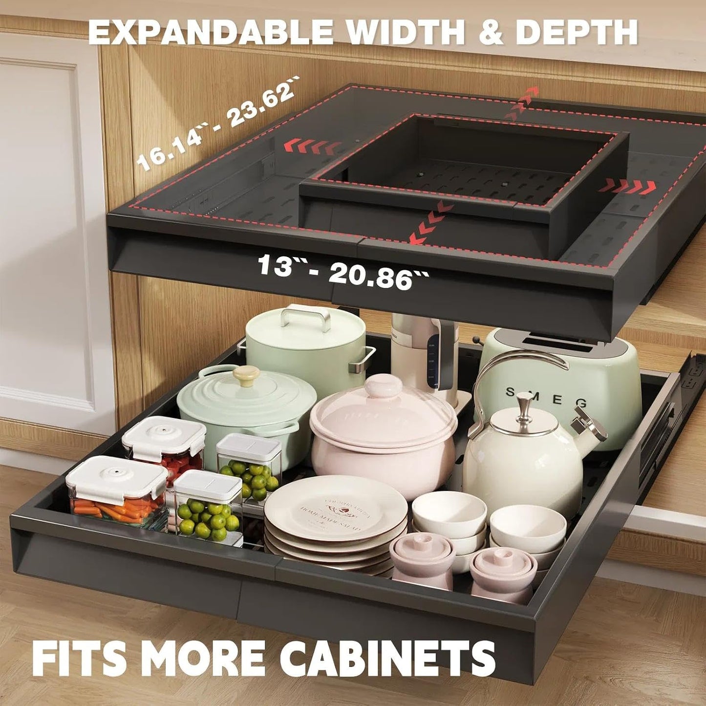 Seinloes Pull Out Cabinet Organizer, 4-Side Expandable to Fit Most Cabinets, 3 Rail Slide Out Drawers with Raising Pad for Framed & Frameless Cabinets, 13"-21" W x 17"-24" D, White, 2 Pack