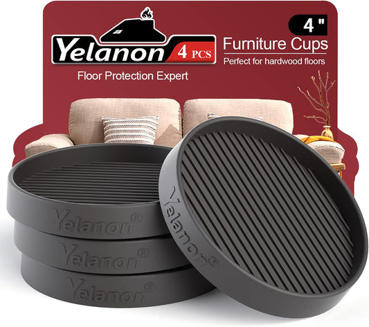Furniture Coasters 4 Pcs 4” Furniture Caster Cups - Non Slip Furniture Pads Hardwoods Floors - Non Skid Grippers Rubber Furniture Feet Anti Slide Floor Protector for Bed Couch Stoppers Black