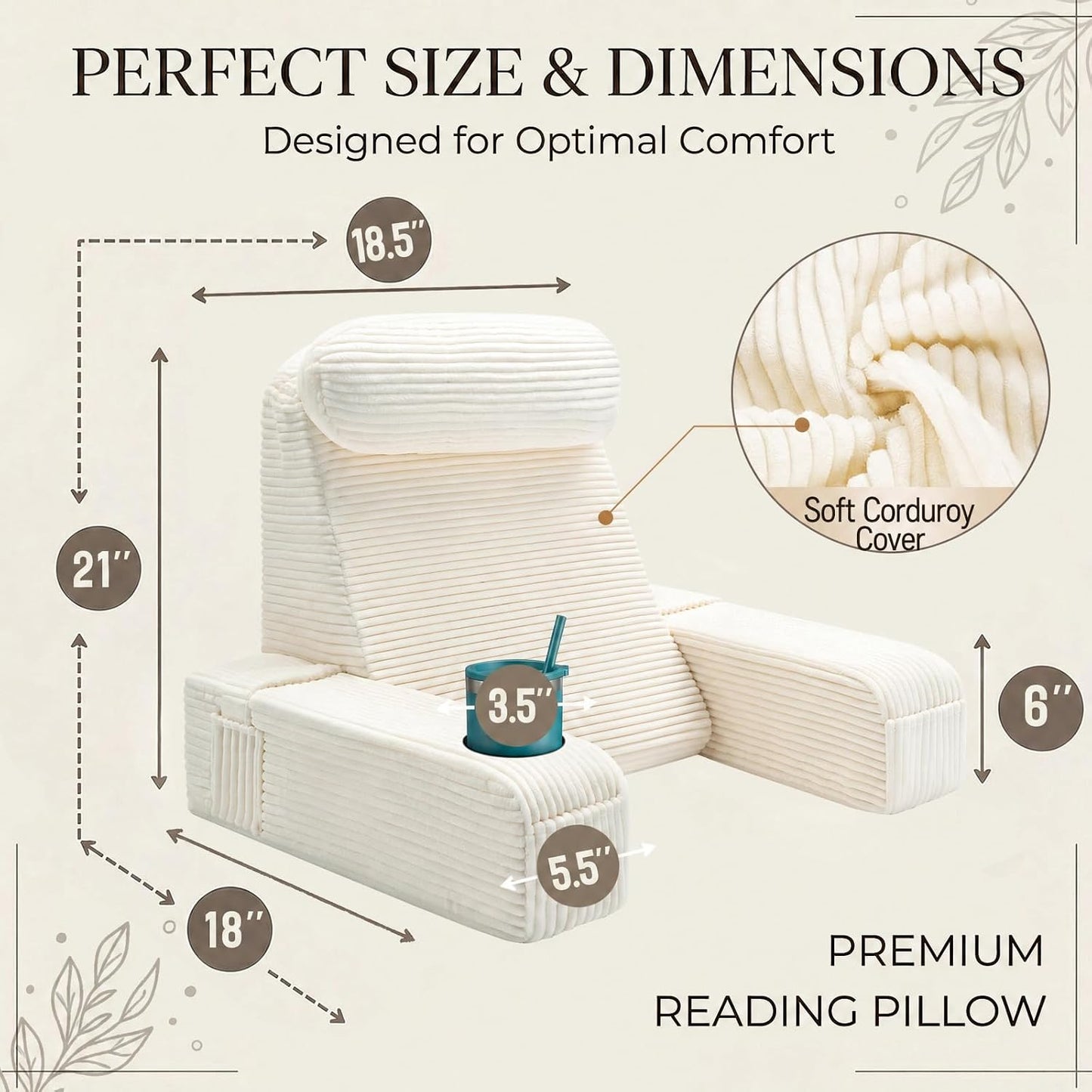 21 INCH Reading Pillow for Adults, Back Pillow for Bed Sitting Up, Backrest Pillow for Sitting in Bed, Detachable Arms with Built-in Cup & Phone Caddy (Gray, 21 INCH)