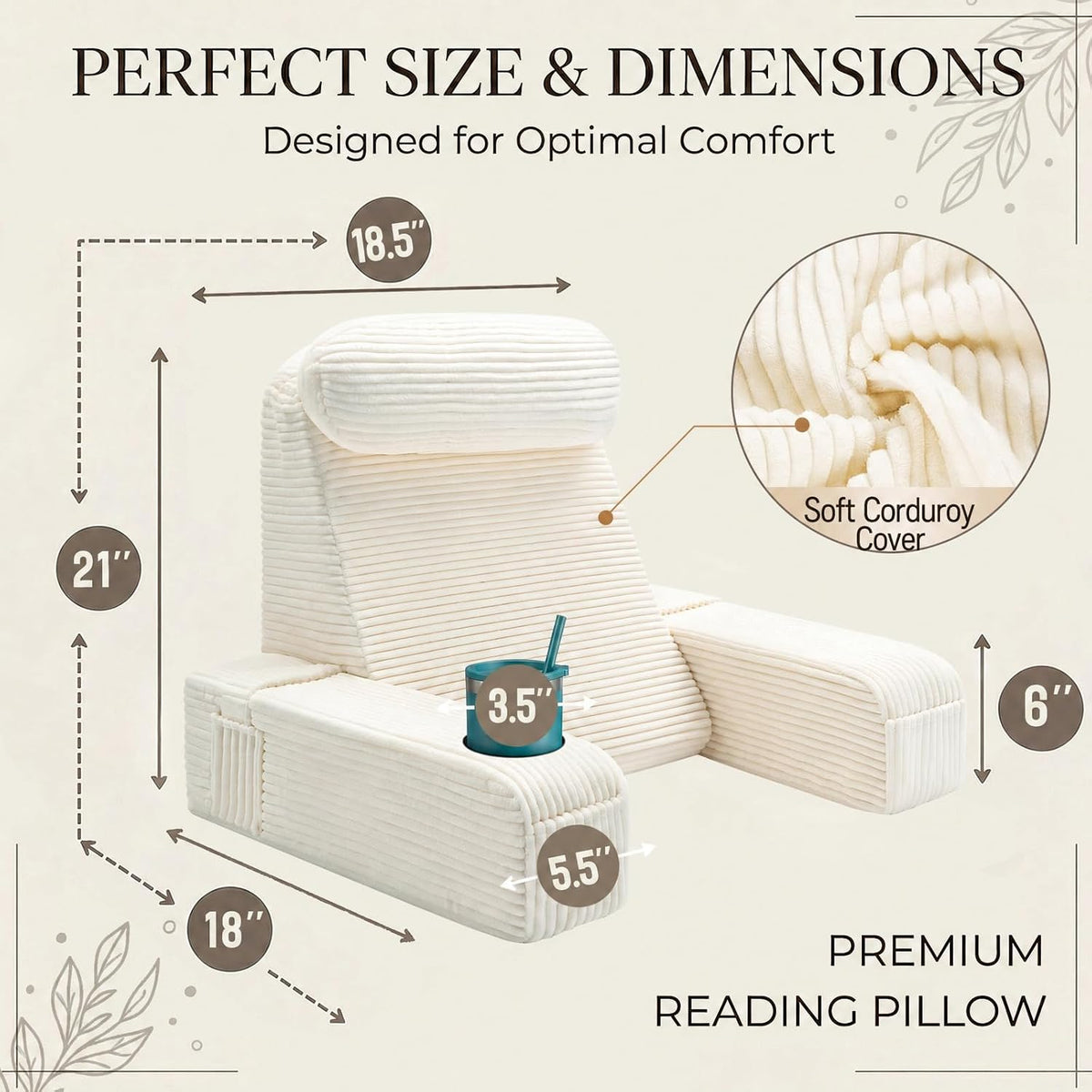 21 INCH Reading Pillow for Adults, Back Pillow for Bed Sitting Up, Backrest Pillow for Sitting in Bed, Detachable Arms with Built-in Cup & Phone Caddy (Gray, 21 INCH)