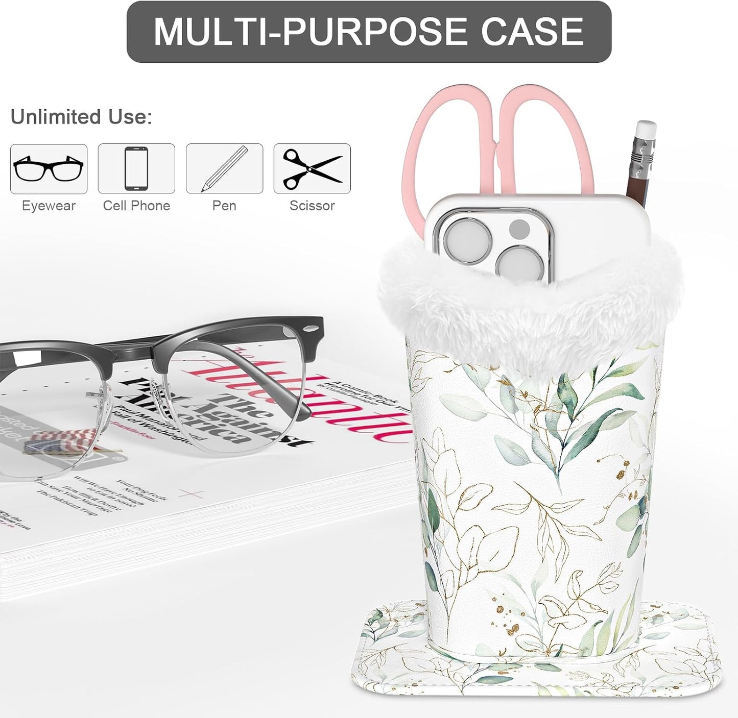 Eyeglasses Holder,Plush Lined PU Leather Pattern Stand Case with Magnetic Base,Unisex for Women Men