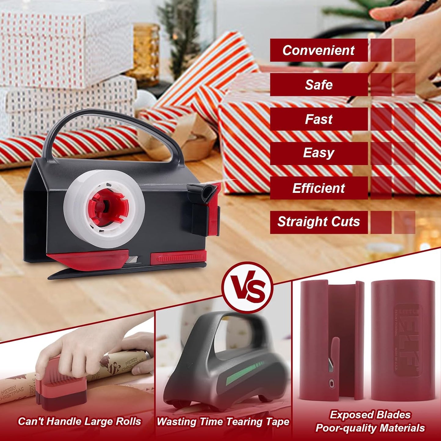 2-in-1 Wrapping Paper Cutter & Tape Dispenser, with 4 Tapes & 2 Blades ﻿ ﻿ | Sliding Gift Wrap Roll Cutter Tool with Replacement Parts, Safe & Precise Cutting for Christmas, Birthday, Crafts & Office,