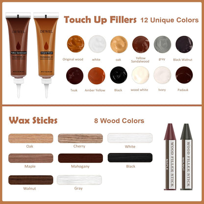 DEWEL Wood Furniture Repair Kit, Upgrade Wood Filler, Furniture Touch Up Markers with Wax Sticks, 42 Pcs Floor Touch Up kit for Scratches, Cracks, Hole, Laminate, Table, Bedposts