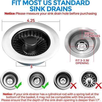 3 in 1 Kitchen Sink Drain Strainer Stopper Removable Basket Pop-Up | Kitchen Sink Food Strainer 1 Pack Silver Stainless - Food Catcher, Odor-Block Seal, Fits 3.5" Drain, Easy Clean