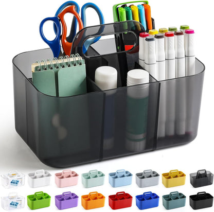 Multiuse Caddy Organizer with Handle, Portable Divided Plastic Tote Bin - Art Craft, Stationary Pen Marker Crayons, Makeup Hair Supplies Storage - Bathroom, Classroom, Dorm, Office, Desk Holder - Grey