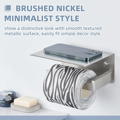 APLusee Toilet Paper Holder with Shelf for Wall, Left Side, Brushed Nickel | Robust 304 Stainless Steel, Drilling Wall Mounted, Fits for Bathroom, Restroom, Vanity, Kitchen, Paper Roll & Phone Storage