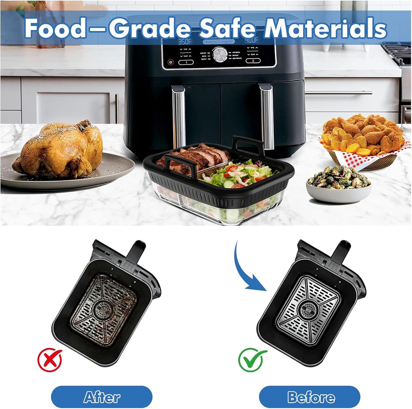 Air Fryer Accessories for Ninja Foodi DZ401, DZ550, SL401, SL451 10Qt | Glass Liners with Silicone Handles for 4-6 Qt Air Fryer, Heat-resistant, Dishwasher-safe, BPA-free