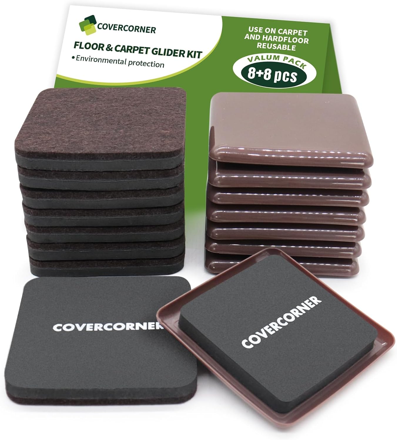Furniture Sliders for Carpet and Hardwood, 8 PCS 3 1/2", Brown | Furniture Sliders for Hardwood Floors, Sliders for Moving Furniture, Furniture Movers Sliders, Combo Pack, Square