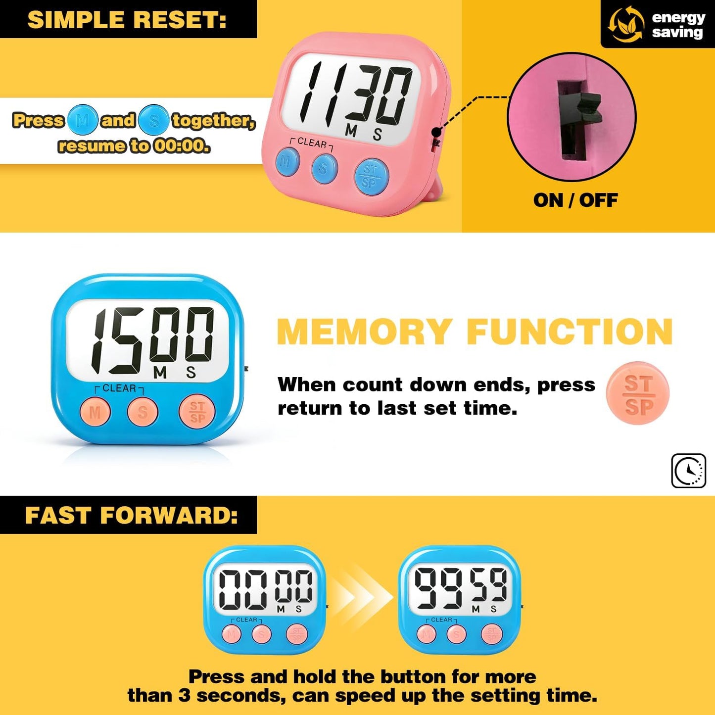 AOUCE Digital Timer for Kids Classroom Timers for Teacher 2 Pack Blue Green | Large Screen, Strong Magnetic, Loud Alarm, Countdown, Pomorodo, Stopwatch, Kitchen Timers for Cooking, Teacher Supplies