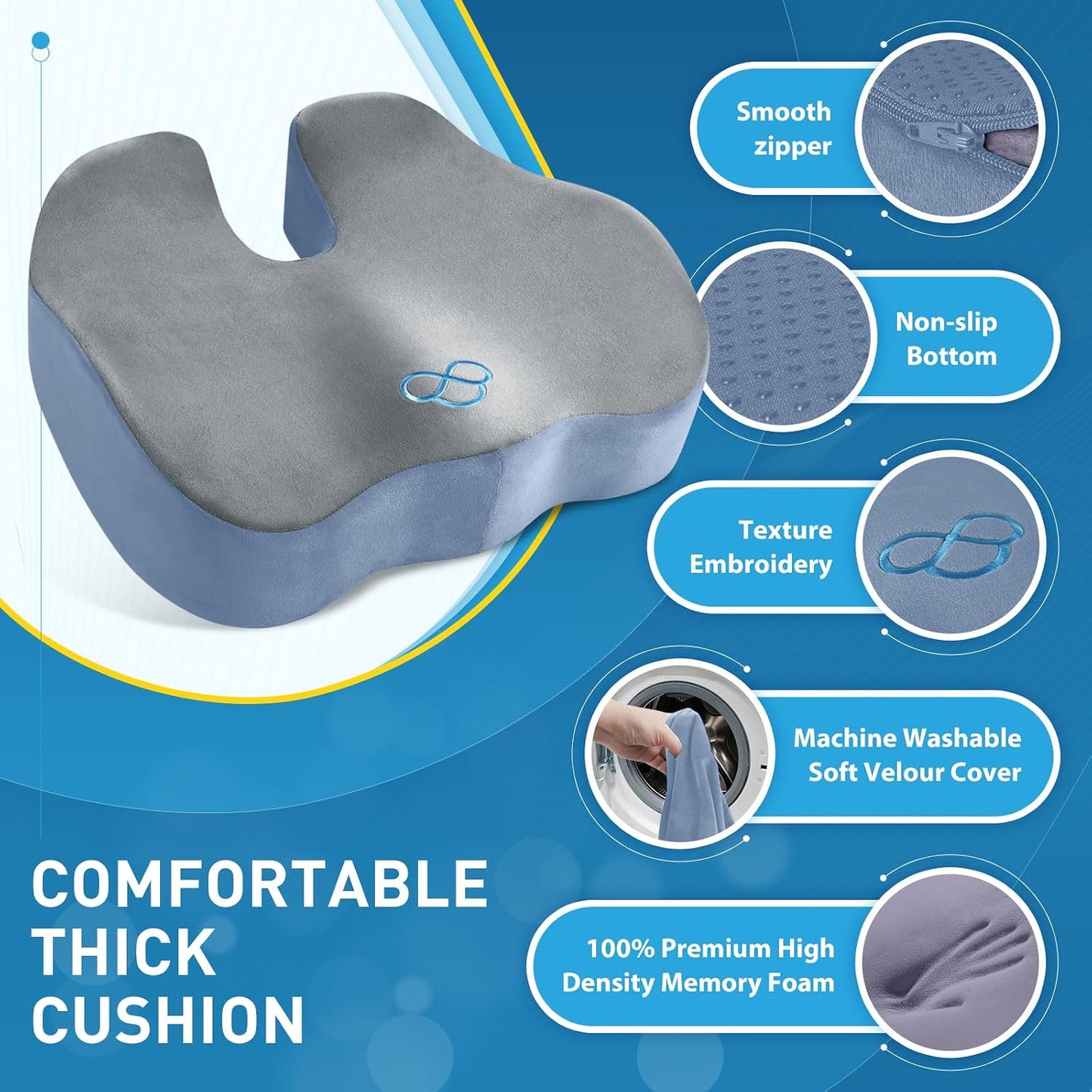 BlissTrends Memory Foam Seat Cushion for Office Chair & Car Seat, Black | 4.7in Ergonomic Tailbone & Sciatica Support with Removable Velvet Cover for Pressure Relief and Long Sitting Comfort