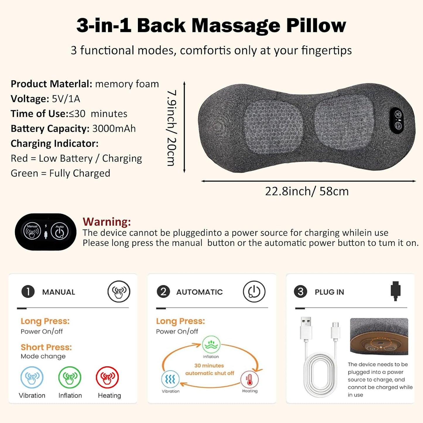3-in-1 Rechargeable Smooth Spine Triple Fusion Back Massager | Sciatica Pain Relief Devices for Pain Relief Deep Tissue with Heat, Massage, Traction for Sleeping, Office, Car, Home