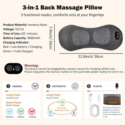 3-in-1 Rechargeable Smooth Spine Triple Fusion Back Massager | Sciatica Pain Relief Devices for Pain Relief Deep Tissue with Heat, Massage, Traction for Sleeping, Office, Car, Home