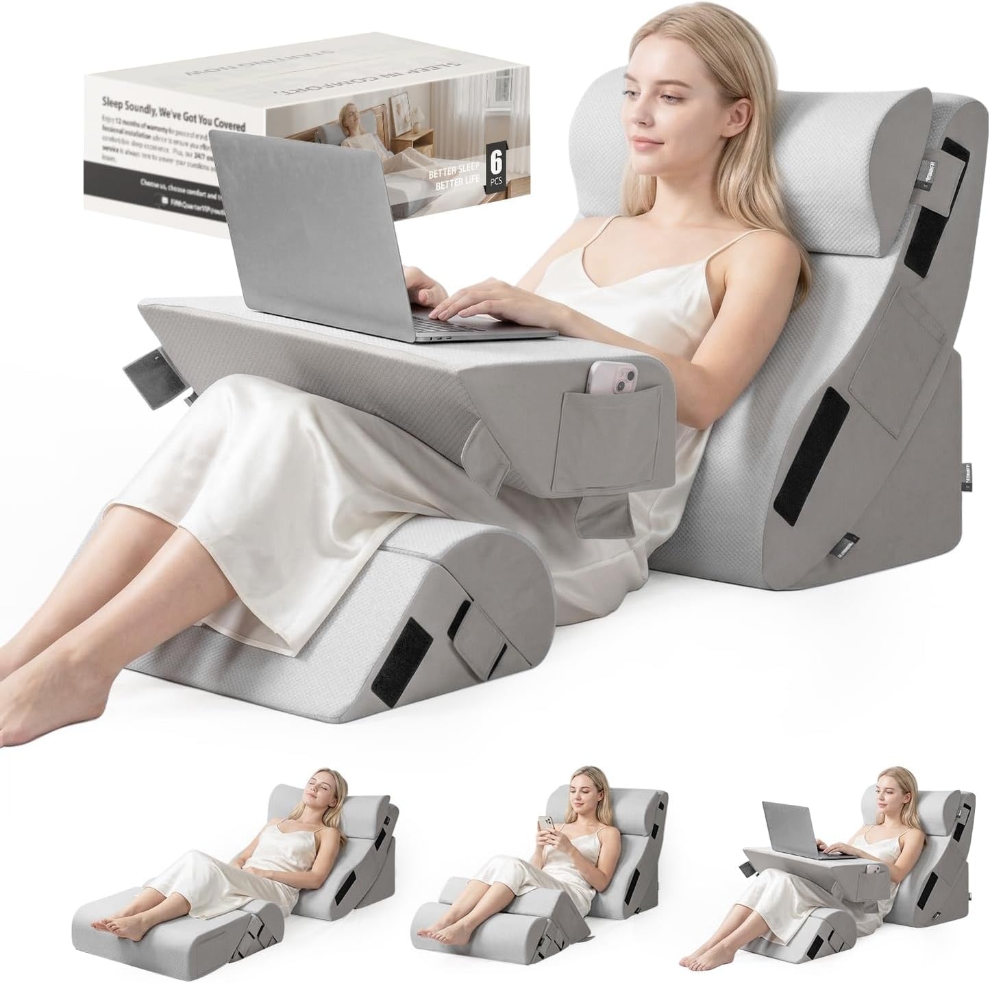 FifthQuarter 6PCS Orthopedic Wedge Pillow Set for After Surgery | Adjustable Upright Back Support, 40D Memory Foam and 25D High Density Foam, Elevates Body, Post Surgery Recovery Bed Sleeping
