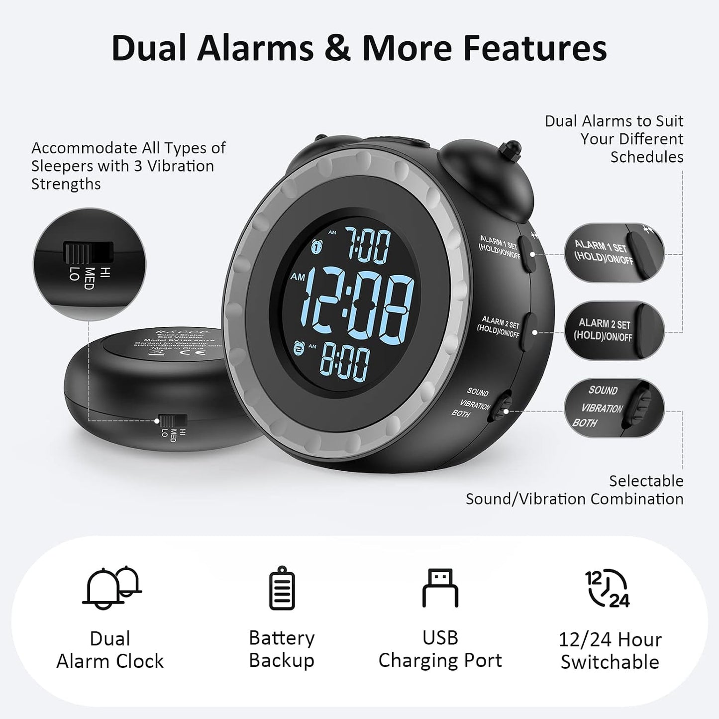 uscce Loud Dual Alarm Clock with Powerful Adjustable Bed Shaker | Vibrating Alarm Clock for Heavy Sleepers or Hearing Impaired - Easy to Set Alarm Clock with 0-100% Dimmer & Battery Backup