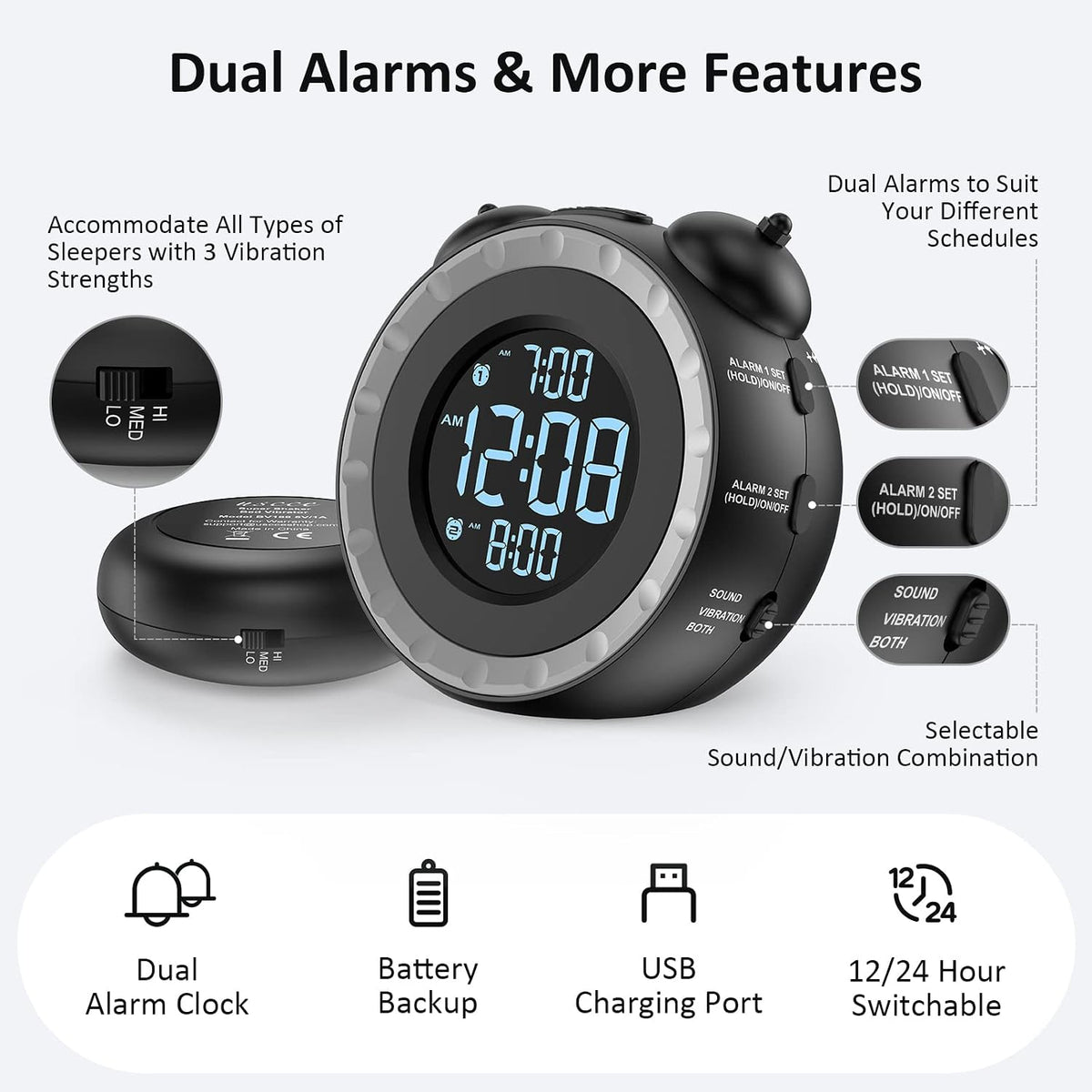 uscce Loud Dual Alarm Clock with Powerful Adjustable Bed Shaker