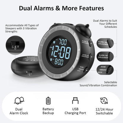 uscce Loud Dual Alarm Clock with Powerful Adjustable Bed Shaker