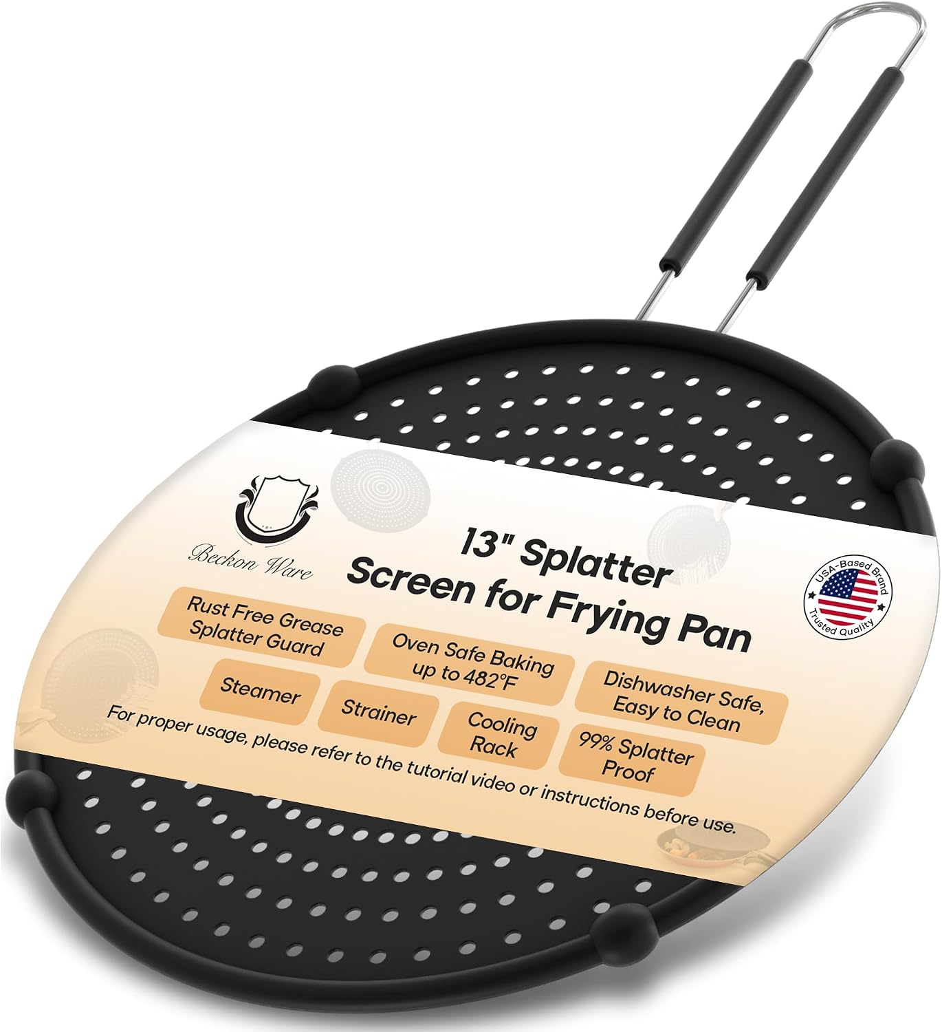 13-Inch Splatter Screen for Frying Pan - Silicone Grease Splatter Guard for 12"-13" Panss - |USA Brand|, Black | oven safe