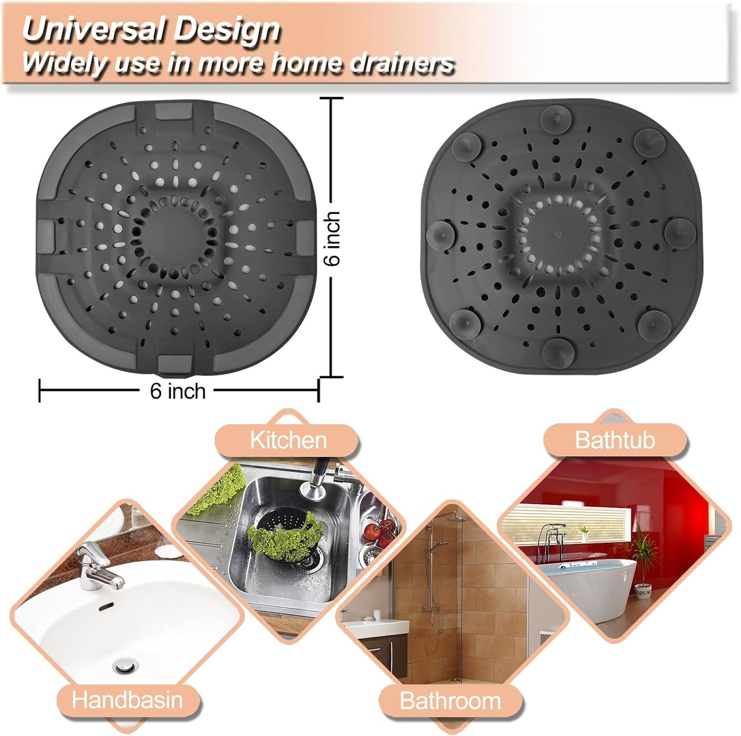 Bovinde Hair Drain Catcher,Square Cover for Shower 2 Pack (Black) | Drainer Cover Silicone Hair Stopper with Suction Cups,Protector Accessories,Easy to Install Suit for Bathroom,Bathtub,Sink