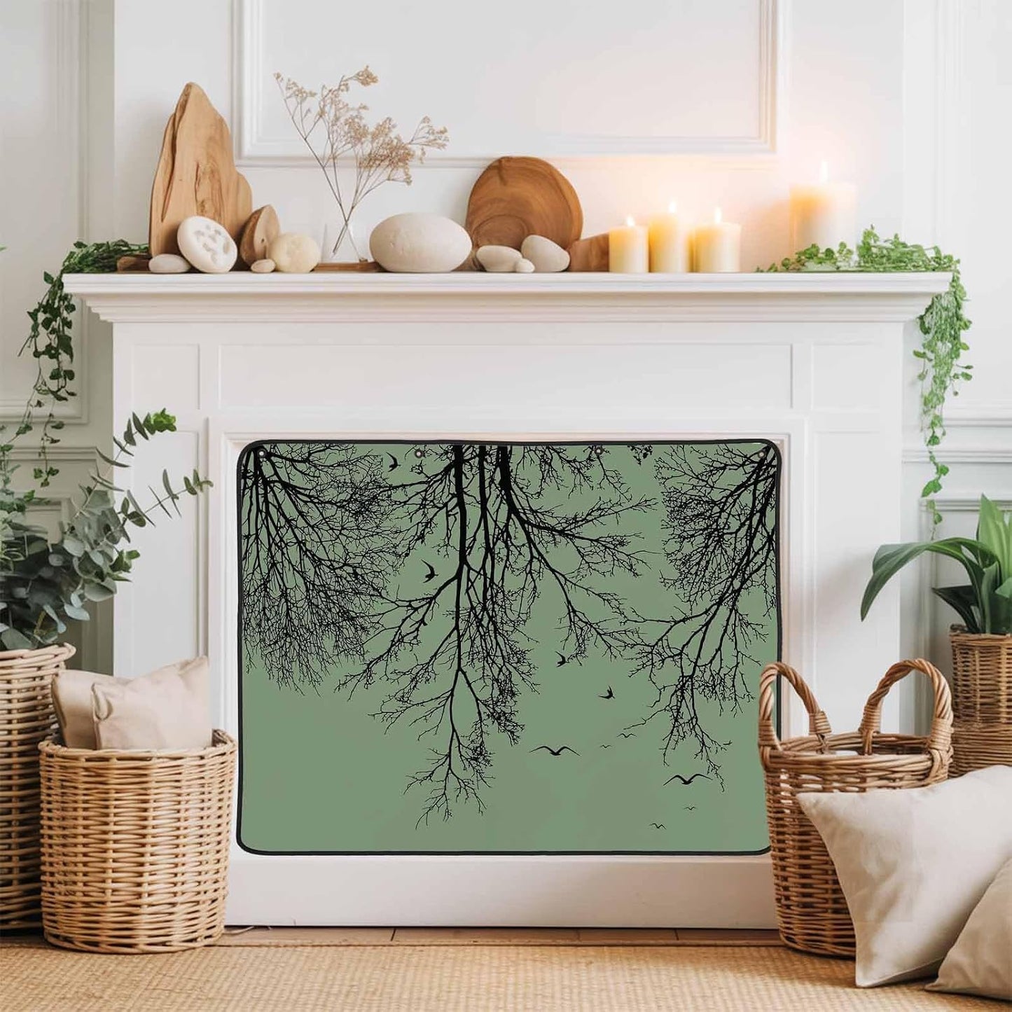 Magnetic Fireplace Cover Tree Branches Bird Fireplace Screen Decorative Brown Black Twigs Deadwood Insulation Fireplace Blocker Save Energy Fireplace Draft Stopper Covers for Living Room 45x34 Inch