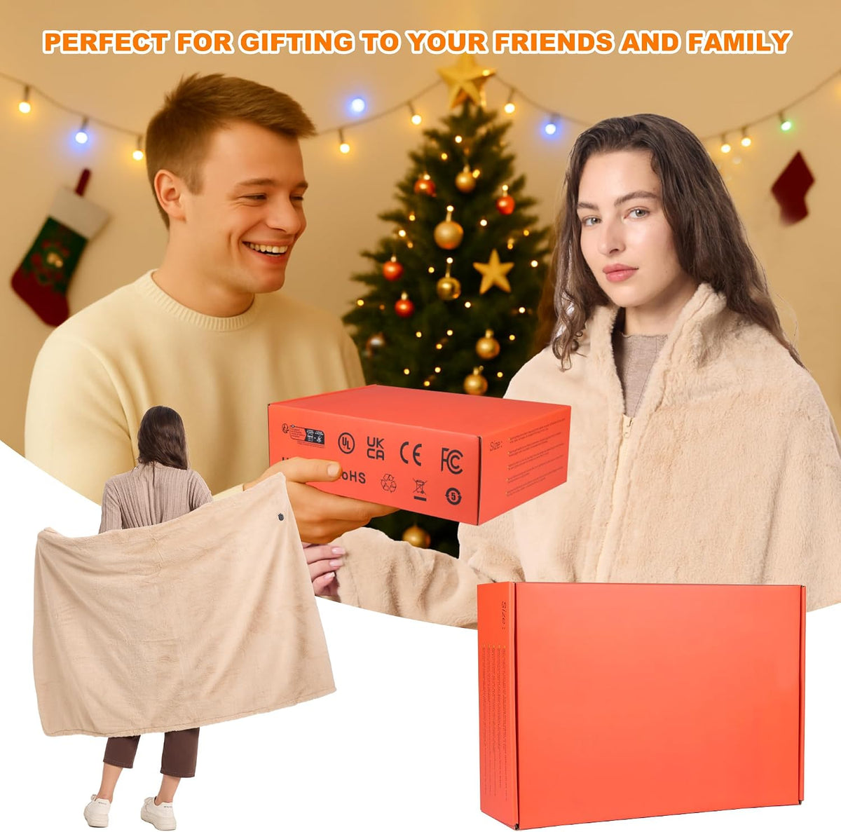 Heated Blanket Battery Operated with Fleece Lining 7.4V 16000mAh Battery 62" x 35" Heated Shawl Wraps for Women Men Cordless USB Outdoor Portable Electric Blanket 6 Heating Zones Khaki