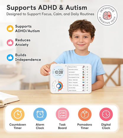3-in-1 Visual Timer & ADHD Tool for Kids with Chore Chart & Planning Board | ADHD Timer with Digital Clock, Silent Task Timer for Adults with Visual Schedule for Home, School, Classroom, Work (Pink)