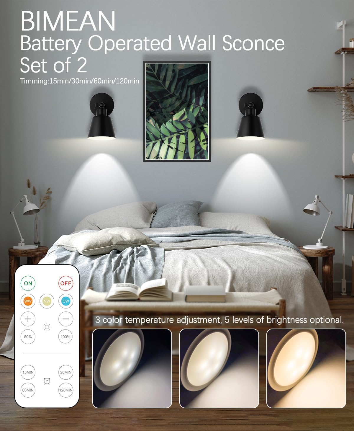 Black Battery Operated Wall Sconce Set of Two, Easy to Install Wireless Lights for Wall, Remote Control Dimmable LED Lights, Auto Timer Wall Lamp Fixtures for Bedroom, Gallery, Living Room, RV