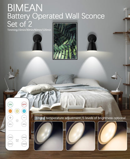 Black Battery Operated Wall Sconce Set of Two, Easy to Install Wireless Lights for Wall, Remote Control Dimmable LED Lights, Auto Timer Wall Lamp Fixtures for Bedroom, Gallery, Living Room, RV