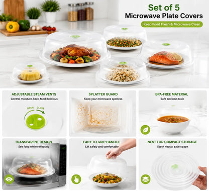 Set of 5 Microwave Plate Covers with Adjustable Steam Vents; Microwave Splatter Covers - Mixed Sizes for Large & Small Food Plates Bowls