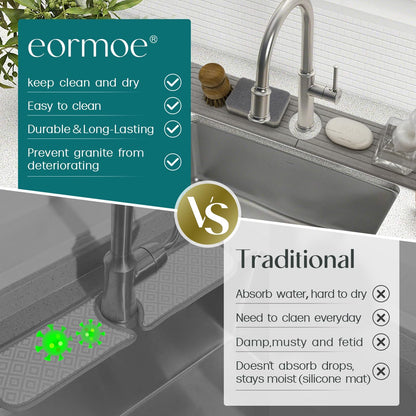 Diatomite Sink Splash Guard - DryingNeat Kitchen Faucet Mat, Instant Dry Water Absorbing Stone Tray for Sink, Durable Protector for Kitchen Bathroom Counter [Light Grey, 17.7" x 3.9"]