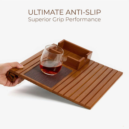Detor Couch Cup Holder Tray with Super Anti-Slip Pad, Large 4.5" x 4.5" Organizer, Brown-Stained Bamboo Finish, Enhanced Non-Slip Felt Base, Durable Bamboo Slats, Fits Armrests 5.5" and Wider