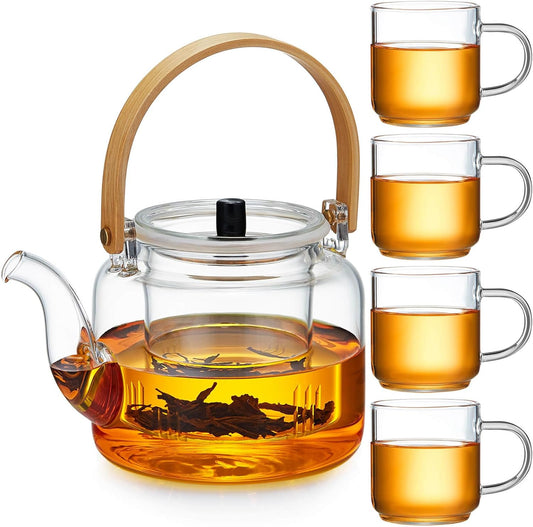 Glass Teapot Set, 37OZ/1100ML Glass Tea Kettle with 4 Double Wall Teacups, Tea Pot with Infusers for Loose Tea, Stovetop & Microwave Safe Tea Maker