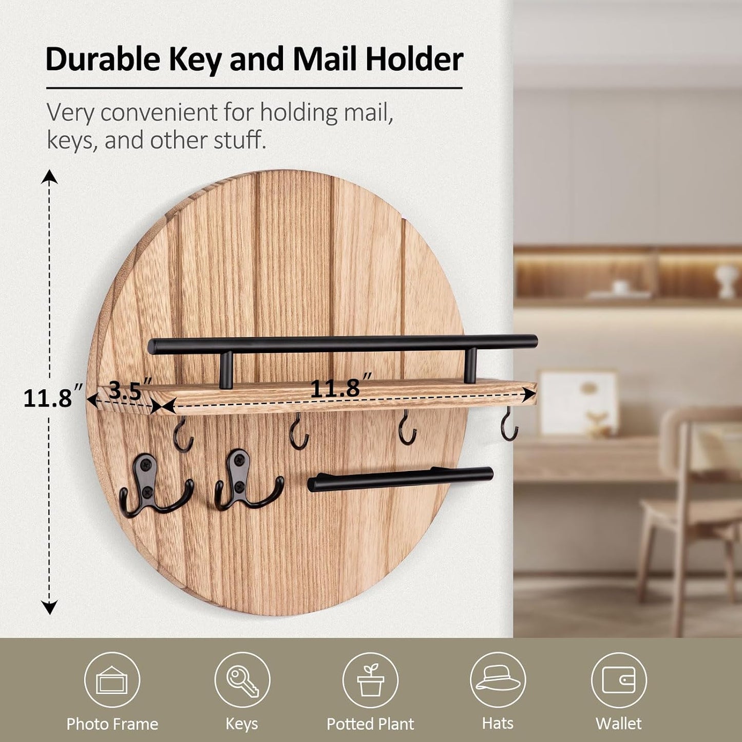 Nekon Key Holder Wall Mount, 11.8” Wood Mail Organizer for Wall, Brown | Round Wall Shelf with 6 Key Hooks, Rustic Key and Mail Holder, Key Hanger for Entryway Hallway Kitchen