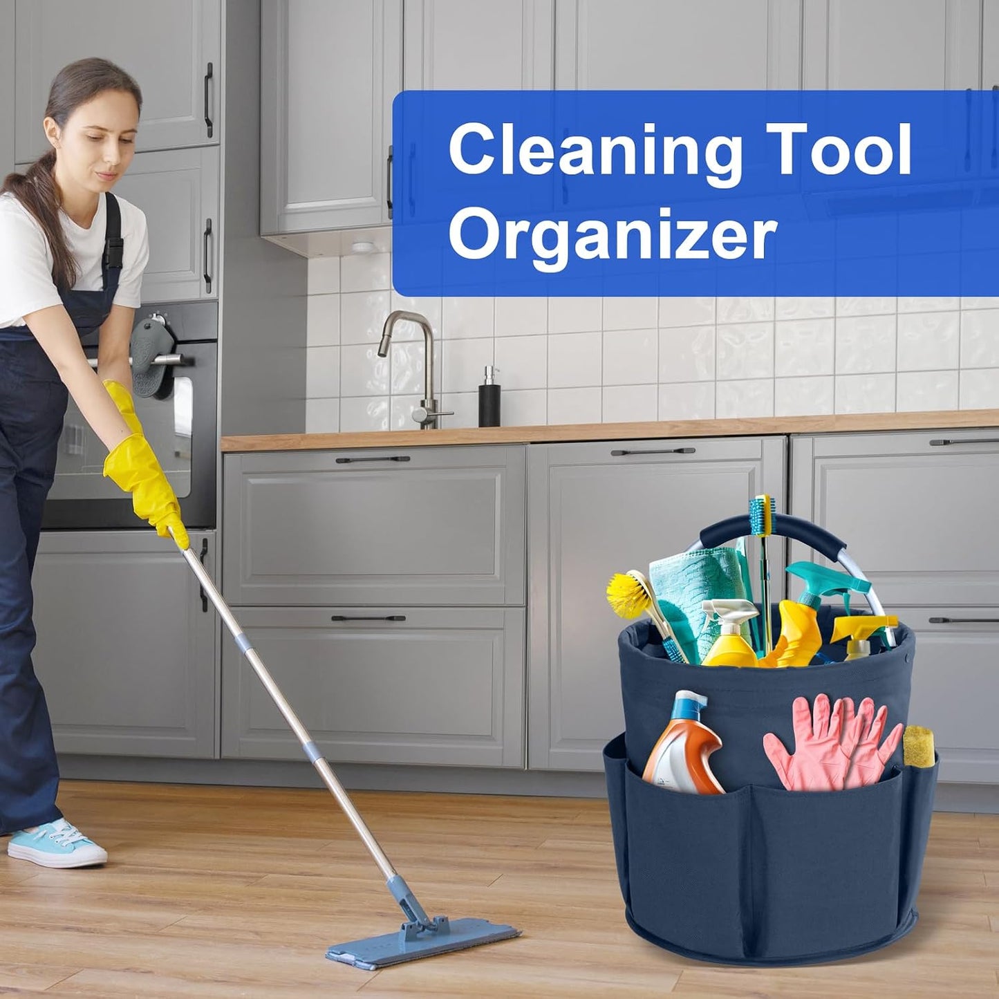 Cleaning Caddy with Handle, Cleaning Products Organiser, 17L Foldable Storage Basket, Cleaning Caddy Organiser, Portable Multi Cleaning Bucket Bag for Home, Garden (Black)