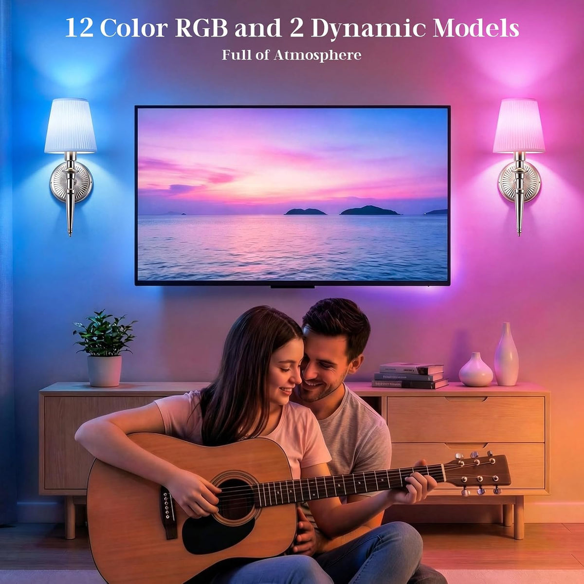 Battery Operated Wall Sconces Set of 2, Wireless Rechargeable Wall Lights with 12 RGB Colors and 3CCT Dimmable, Small Fabric LED Wall Lamps for Bedroom, Living Room, Hallway, Gold