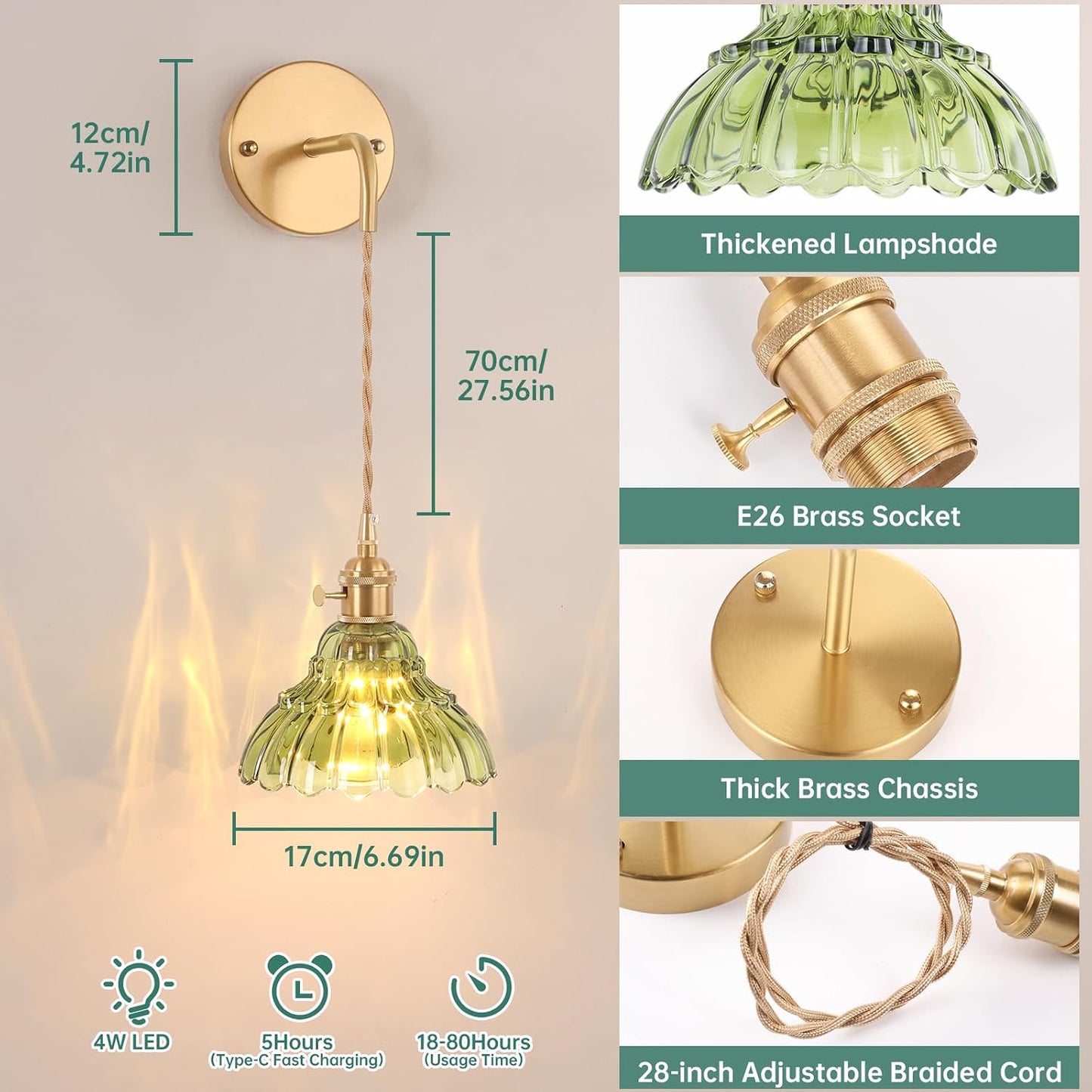 Shenmoyl Battery Operated Wall Sconce Wall Lamp with Green Lily of the Valley Shade Pattern Glass Adjustable Chain Retro Gold Wall Mounted Light, Modern Wall Lamp Fixtures Decor for Bedside Bedroom