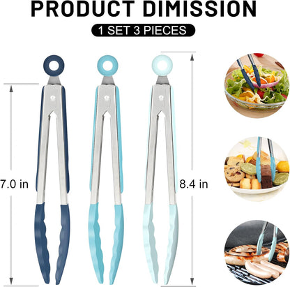 Hotec Mini Silicone Kitchen Tongs for Cooking - 7-Inch Small Serving Tongs with Silicone Tips, Set of 3 (Black,Grey,Light Blue)