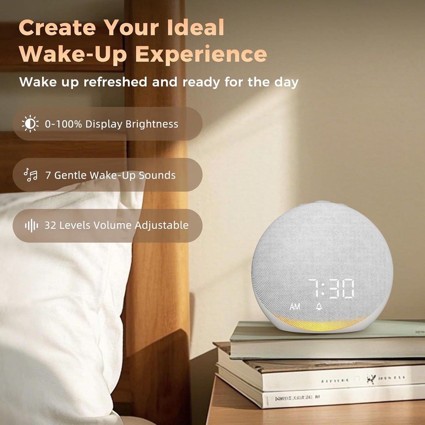 Sound Machine Alarm Clock for Bedroom: 25 Natural Sleep Sounds | White Noise Machine for Adults Kids Baby - Gentle Wake Up Alarm with Bluetooth Speaker - Putty