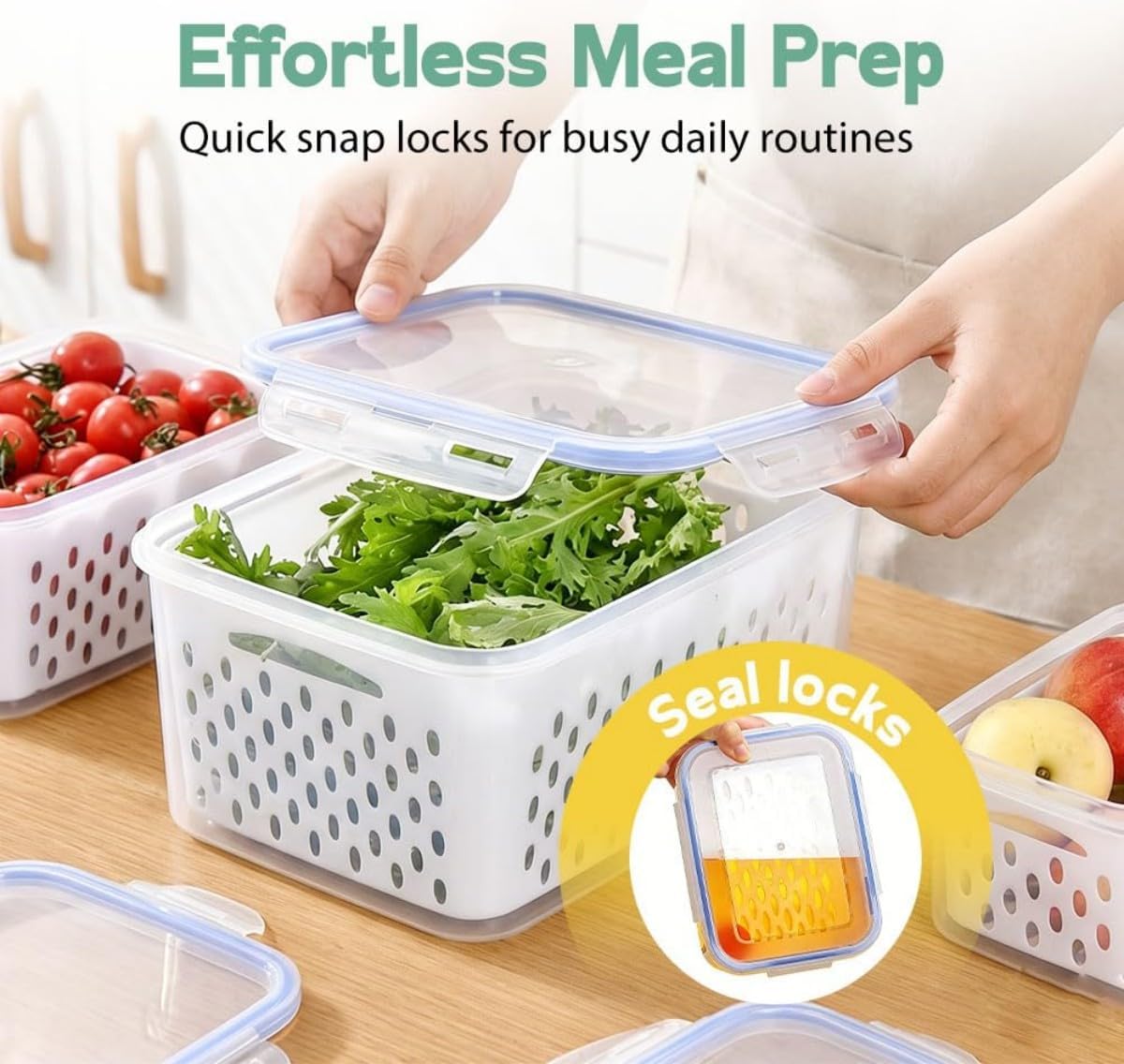 4 in 1 Food Storage Container-2/3 Pack Set with Lids, Fruit Storage Containers for Fridge with Removable Colander,Stackable Fridge Transparent Plastic Storages Box, Dishwasher Safe (Gray, S+M+L)
