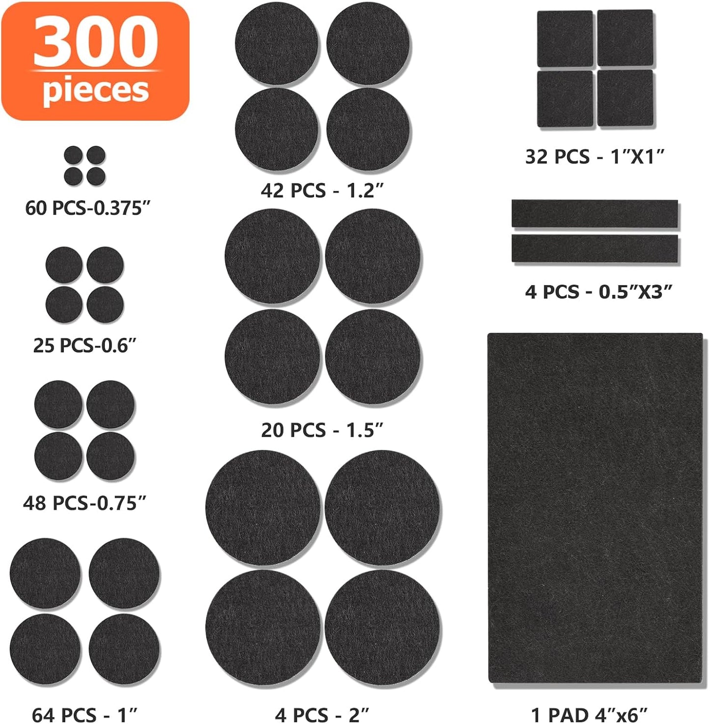Felt Furniture Pads 300 Pieces, Furniture Pads for Hardwood Floors Black | Self-adhesive felt pads prevent scratches and noise, ideal for chair legs, suitable for hardwood floors and indoor furniture