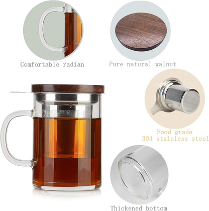 Tea Cup with Infuser Walnut Lid&Handle, Glass Tea Cups with Wide Mouth Extra Large Capacity, Stainless Steel Tea Infuser Mug for Loose Leaf Tea Steeping(14oz/400ml)