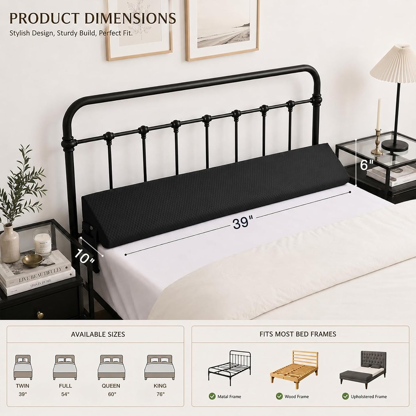Twin Bed Wedge Pillow for Headboard Gap/Bed Gap Filler Black | Long Triangle Corner Pillows with Pockets,Dense Foam,Pillow Prevents Stuff Drops, Between Twin Mattress and Frames Home Decor