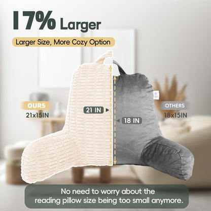 21" Higher Large Reading Pillow for Bed Adult, Back Pillow for Bed Sitting Up with Memory Foam Back Support with Arms Rest for Couch Chair Gray