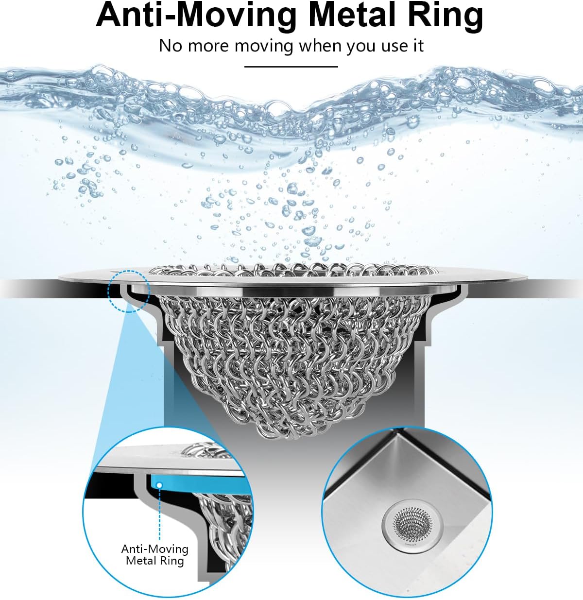 Upgraded Sink Drain Strainer, Patented Reversible Chain Mail Mesh | Anti-Slip Ring, Fast Drainage, Reversible Flip Clean, Rust-Proof, Universal 4.4-Inch, Large Capacity, Garbage Disposal Fit